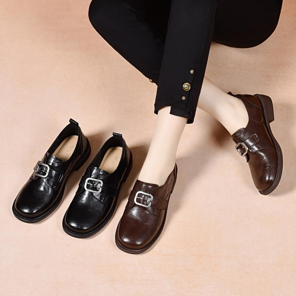 Retro kleine Lederschuhe Damen 2025 Frühling neu runder Zeh quadratische Schnalle Slipper zum Hineinschlüpfen, flache bequeme Damenschuhe mit flachem Ausschnitt