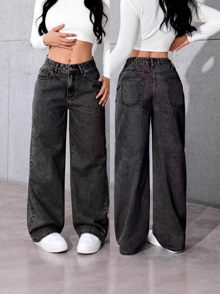 Pantaloni di Jeans da Donna a Vita Alta, Vestibilità Larga, con Dettagli a Bottone per Uso Casual