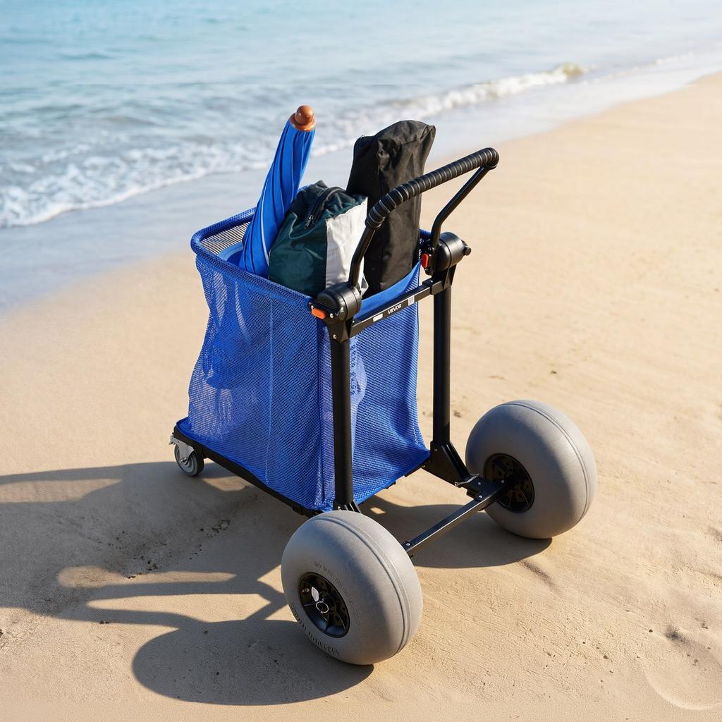 Beach Cart with Large Wheels for Sand, 75 kg Load Capacity, Heavy Duty Folding Beach Wagon with 320 mm Balloon Wheels, Storage Bag, 180° Adjustable