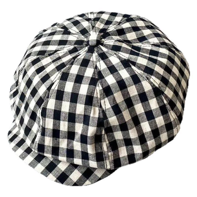 Retro plaid newsboy hat women's big hat top shows face small beret literary and versatile painter hat cloud hat