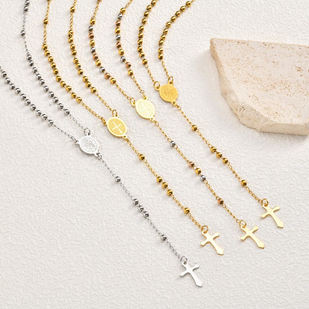 Vnox Collana con Rosario in Acciaio Inossidabile e Croce della Vergine Maria per Donne, Collana a Y con Medaglia Ovale del Rosario di San Benedetto Gioielli