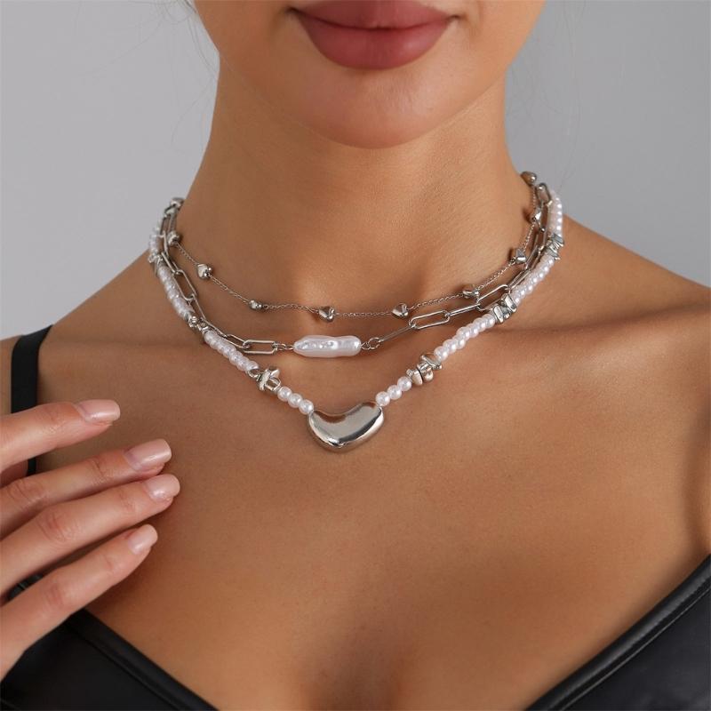Elegant Irregular Heart Shaped Pendant Layering Pearls Necklace Alloy Jewelry For Women Fashion Accessories