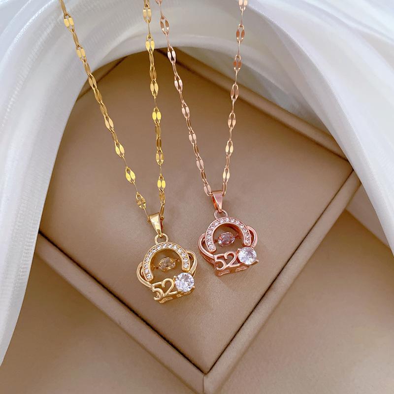 Titanium Steel Bag 520 Smart Light Luxury Temperament Gorgeous Full Diamond Necklace Women'S Versatile Collarbone Chain Titanium Steel Chain