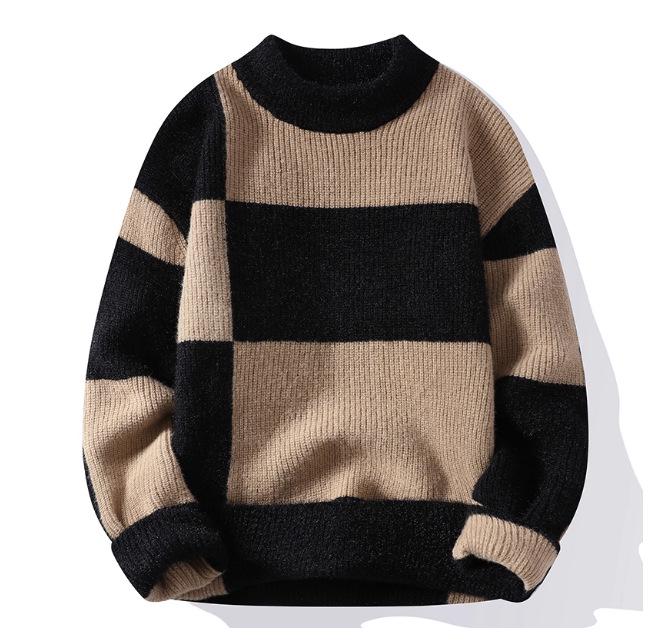 

Men s Trendy Knit Sweater: Color-Block, Round Neck, Autumn/Winter Style, Stylish Pullover, Base Layer. L