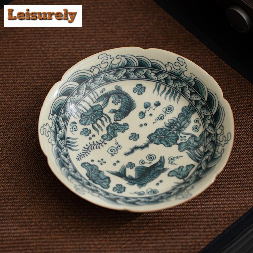 Imitation Song Ru Kiln Teapot Holder Fish and Algae Pattern Dry Soaking Table Flower Mouth Pot Bearing Holder Fruit Plate Craft