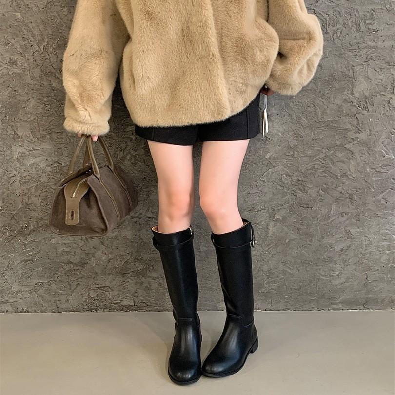 Silver buckle knight boots women's straight boots autumn and winter new solid color round head mid-heel sleeves knee-high boots
