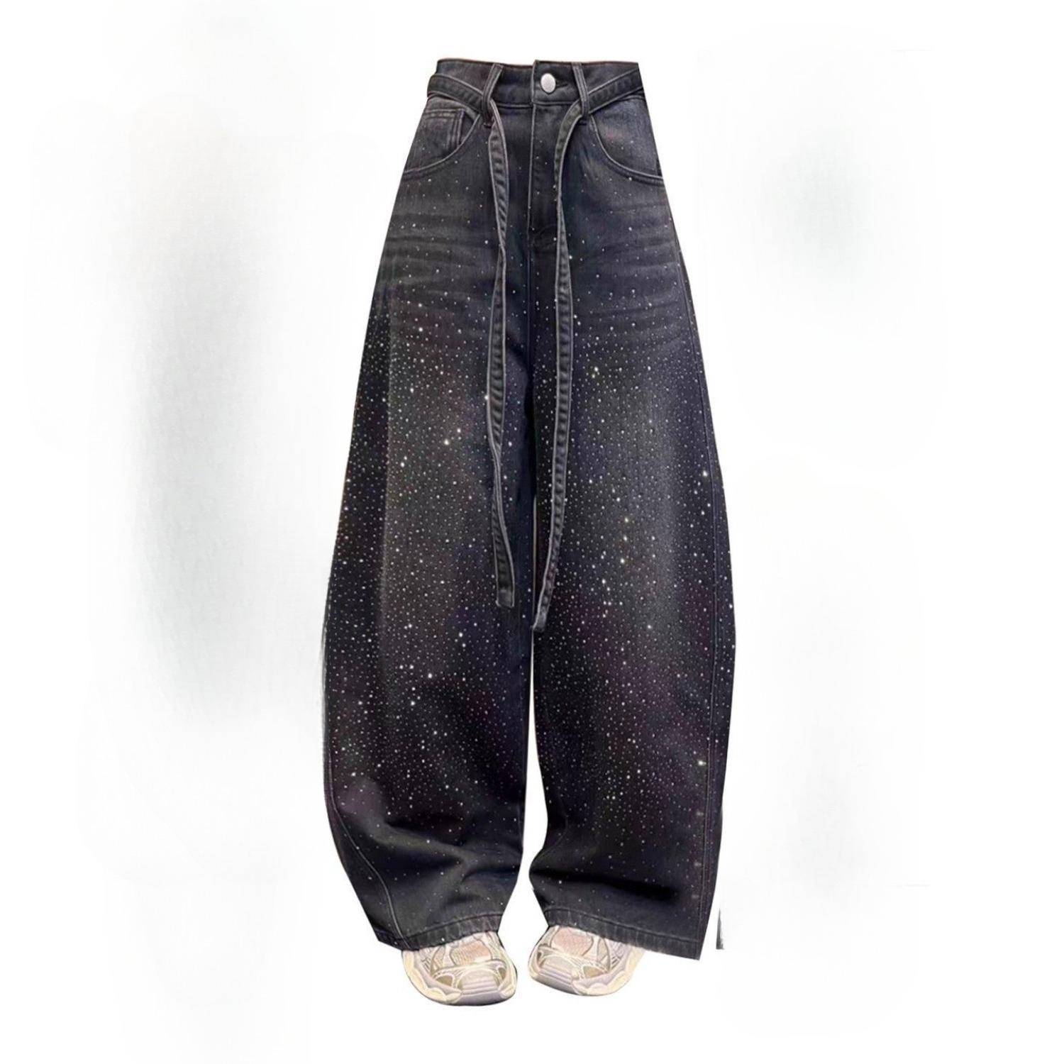 Women s High Rise Loose Fit Flared Jeans Casual Rhinestone Denim Pants With Sparkle S