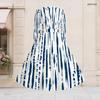 Women Plus Size V Neck Long Sleeve Printed Dress Blue Black White Tie Waist A Line Flared Midi