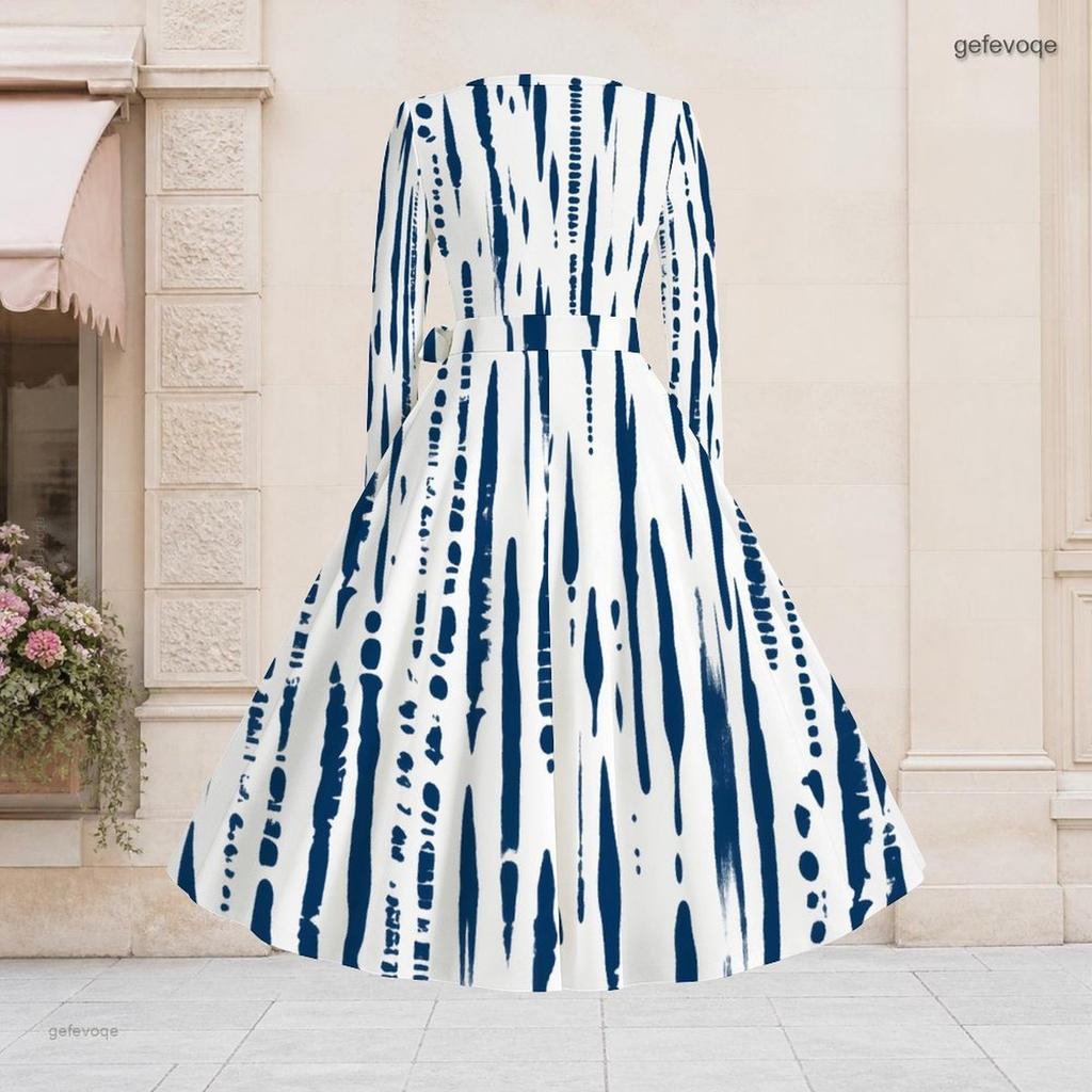 Women Plus Size V Neck Long Sleeve Printed Dress Blue Black White Tie Waist A Line Flared Midi