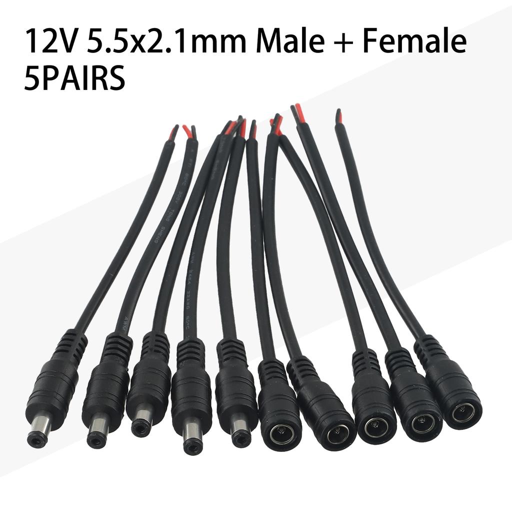 DC Power Cable Set 5 Pairs 5 5x2 1mm Male Female Connector 1 Pin for CCTV Camera and LED Strip Power Supply Line 30cm Length