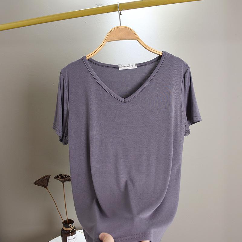 Damen V-Ausschnitt Kurzarm T-Shirt Lockerer Schnitt Pendler Freizeit Oberteil Einfarbige Modal Knitterfest Basis Layering T-Shirt Für Frühling Sommer Tägliche Kleidung