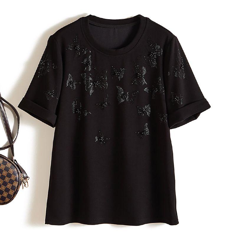 

Large Area Butterfly Water Soluble Drill! Plaid Soft Glutinous Women s Small Rolled Sleeves round Neck Tencel Cotton Pullover T-shirt 2025 Amoi Black L