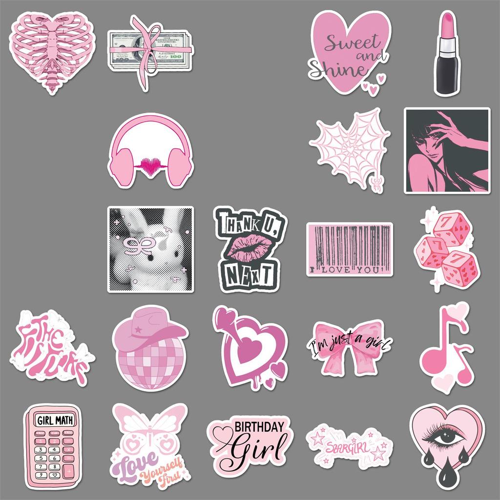 50 Sweet Pink Korean Style Waterproof Stickers for Helmets, Journals & Luggage