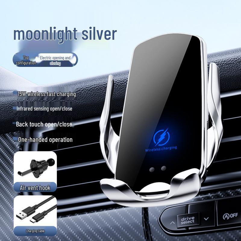 

Wireless Auto-Clamping Car Phone Holder with Fast Charging and Smart Sensing for Air Vent Navigation.