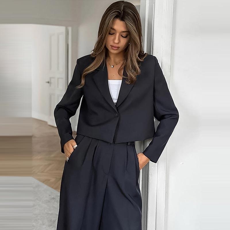 Schlichtes Anzughosen-Set für Damen, einfarbig, Laple, kurze Blazer, lockere Hose mit hoher Taille und weitem Bein, Frühlings-Bürodame, passende Anzüge