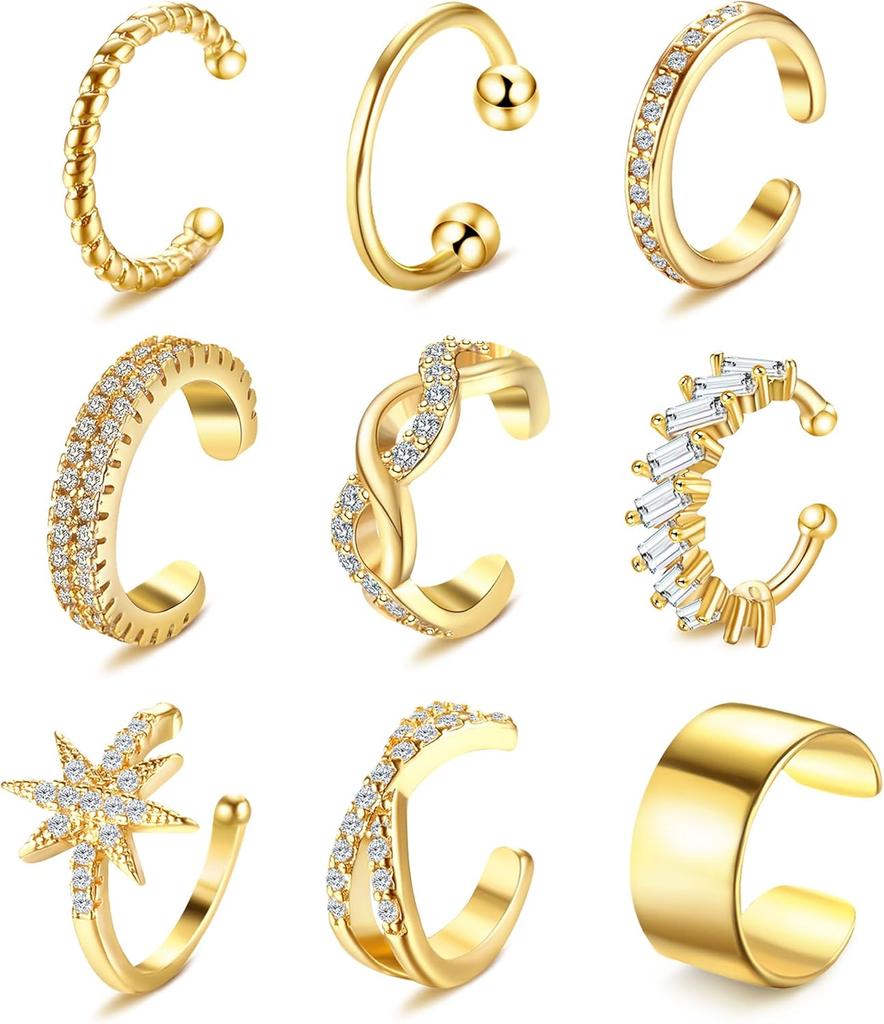Bobisty 9 Pcs Manchette d'Oreille Manchettes Plaqué Or 14K pour Femmes Hommes Clips d'Oreille sans Percing Boucle d'Oreille Cartilage Faux Boucles d'Oreille