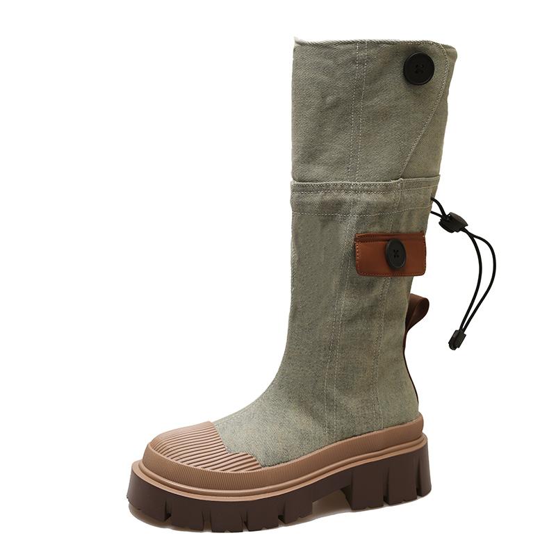 Bottes de cowboy occidentales de style rétro pour femmes, bottines longues à talons épais et à la mode, chaussures en denim pour femmes, automne et hiver