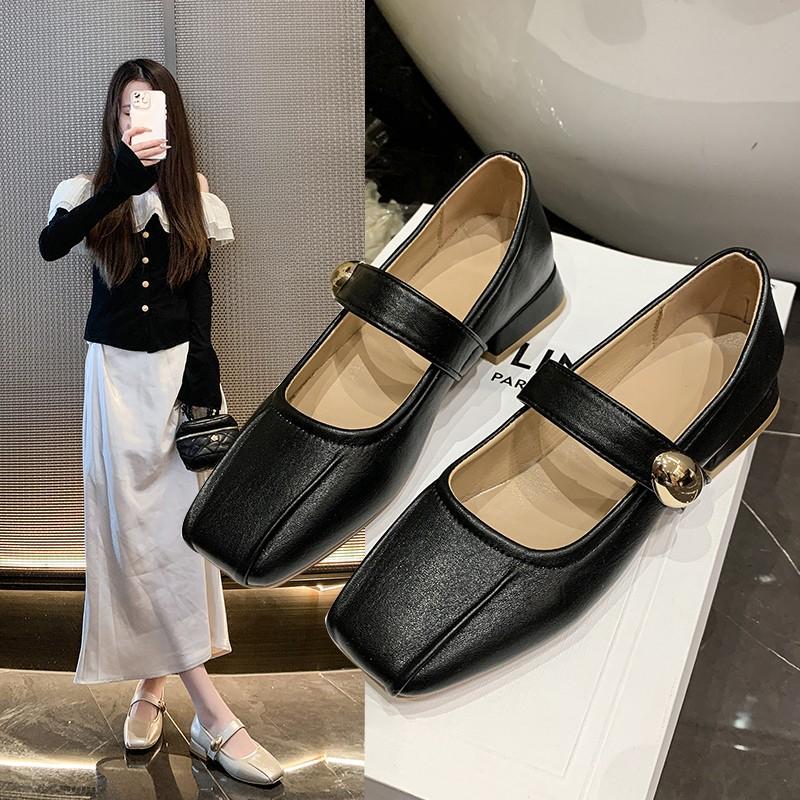 Low Heel Single Shoes Fashion Square Toe Shallow Mouth Pleated Metal Buckle One Strap Soft Sole Non-Slip Block Heel Shoes