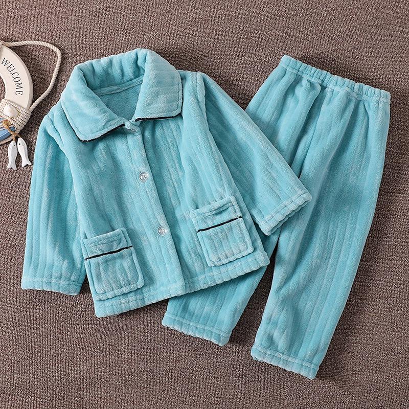 Kids' Flannel Pajama Set - Thick Coral Fleece Cardigan for Boys & Girls, Perfect for Autumn & Winter.