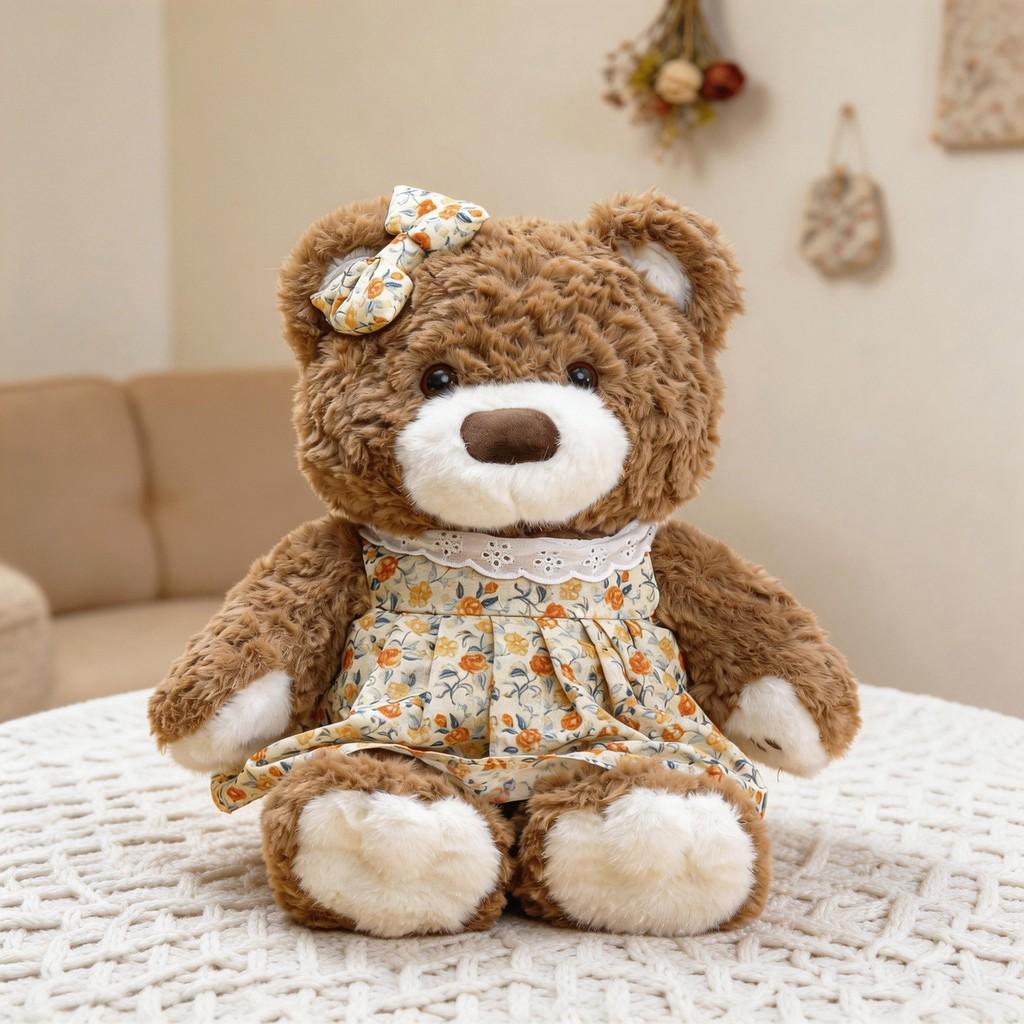 Plush Teddy Bear Figurine With Floral Overalls For Kids And Collectors