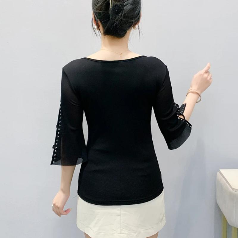 Sommer Kurzarm Damen T-Shirt Sexy V-Ausschnitt Glänzende Heiße Diamanten Oberteile Elegantes Mädchen Slim Mesh T-Shirts
