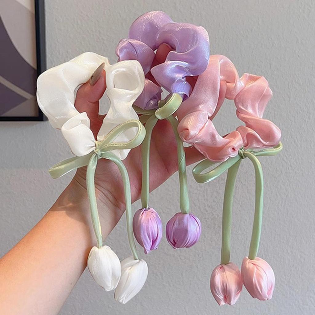 Cute Tulip Flower Large Intestine Scrunchie for Girls Sweet Head Ornament Headband Ribbon Hair Tie Fashion Hair Accessories