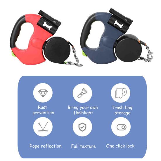 Podwójna smycz automatyczna dla psa, wytrzymała, z podwójną głowicą, obracana o 360 stopni i ze światłem LED dla psów małych, średnich i dużych