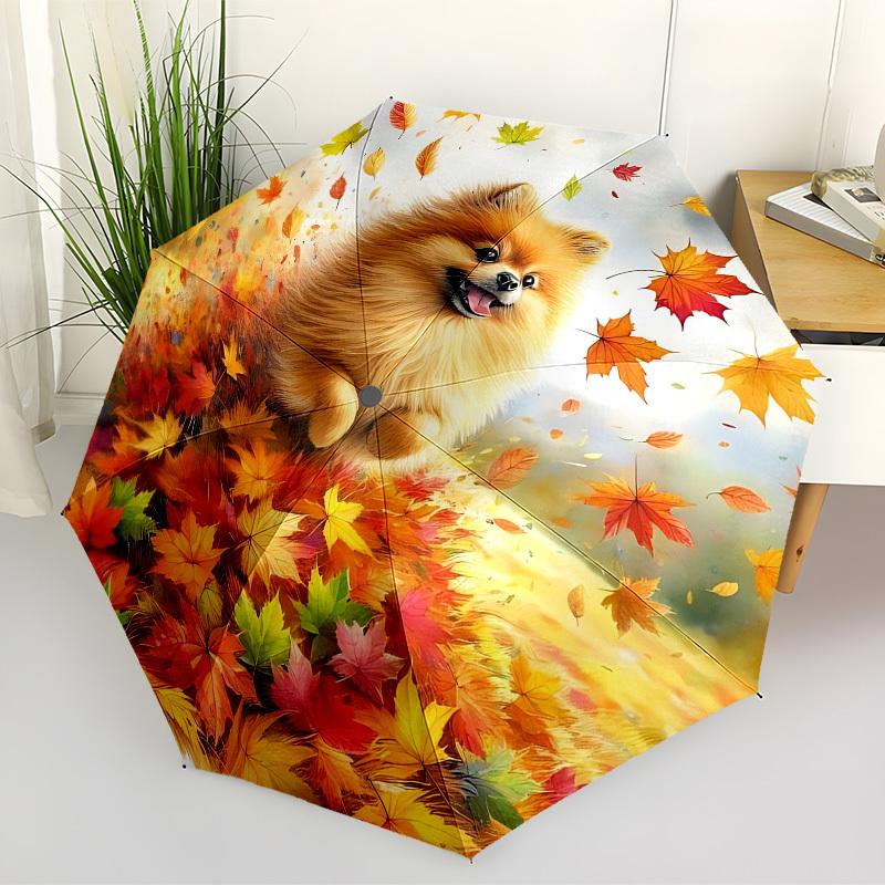 1pc Autumn Leaves Pomeranian Automatic Folding Umbrella, 8 Ribs Iron Frame, Suitable for Outdoor Travel and Daily Use Yy251120204
