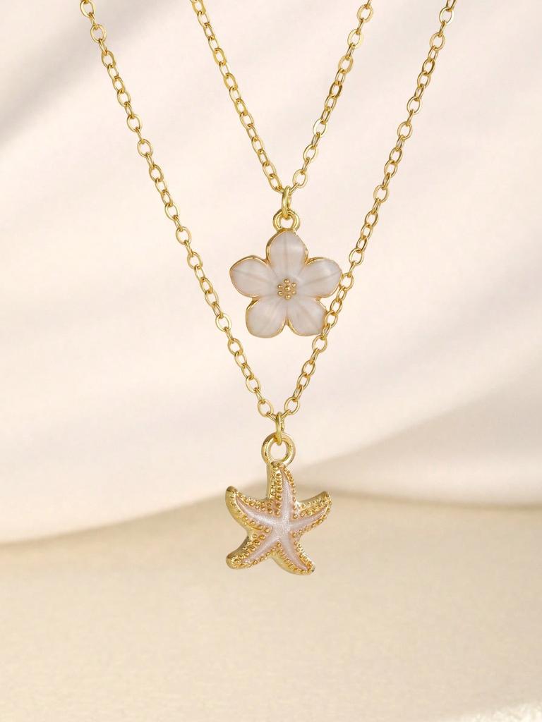 2Pcs/Set Sweet Flower & Starfish Pendant Necklace, Double Layer Gold Chain Beach Party Jewelry For Women