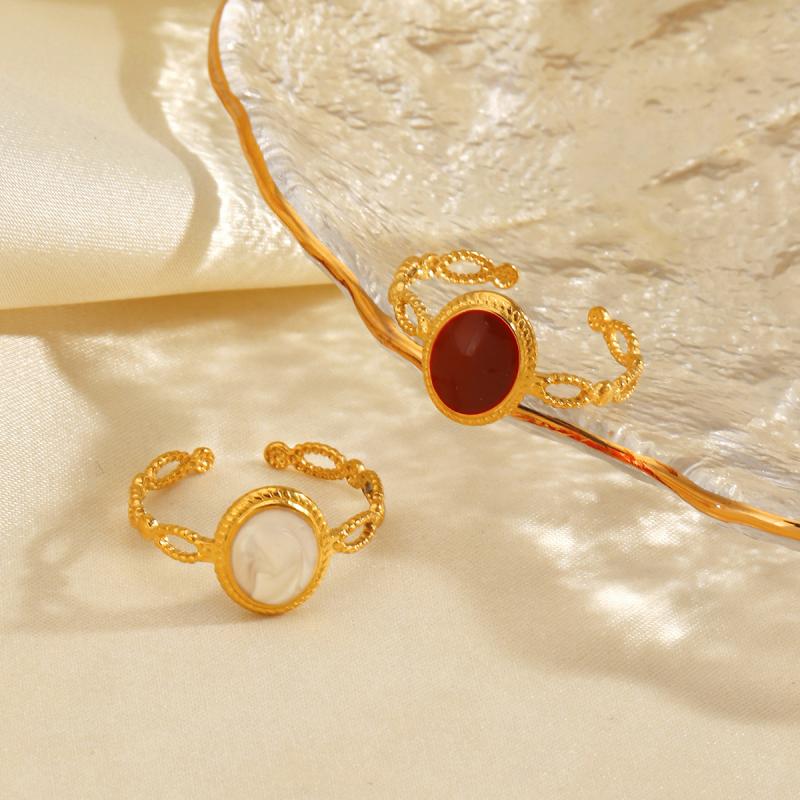 Vintage Stainless Steel Red Drip Oil Oval Rings for Women Classic Waterproof Gold Color Hollow Opening Ring Banqent Jewelry Gift
