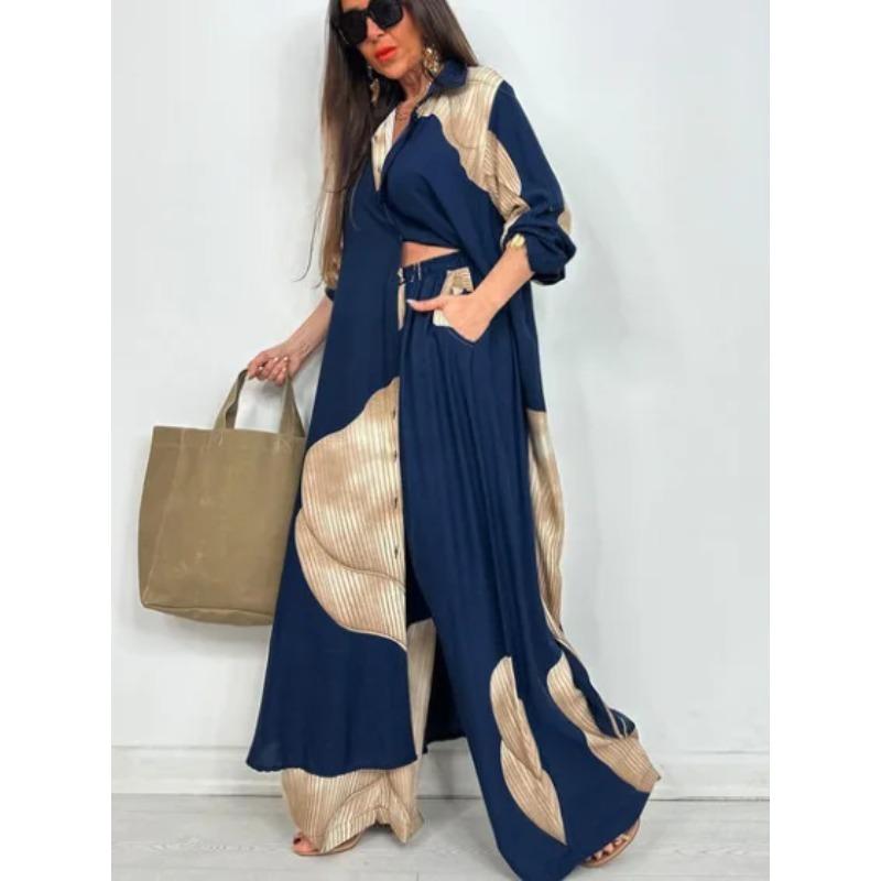 Set Elegante Primavera Estate Moda Stampata Camicia Lunga Pantaloni a Gamba Larga Completo Casual Lento Oversize Set Donna