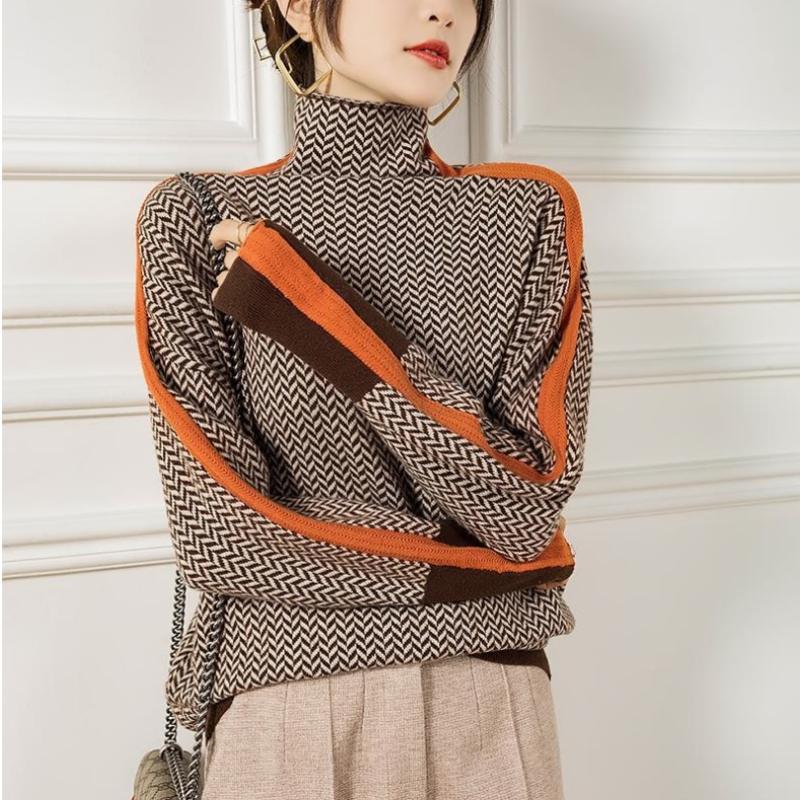 

2022 женский свитер с воротником, теплый пуловер, элегантный топ, свободный повседневный женский топ в стиле ретро, ​​контрастного цвета one size оранжевый