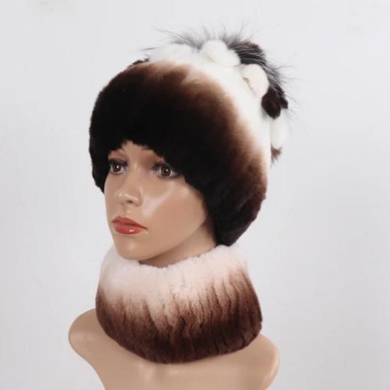 Knitted Women Warm Rex Rabbit Fur Hat Scarf Sets Winter Natural Rex Rabbit Fur Cap Scarves Russia Lady Fur Hats Muffler 2 Pieces