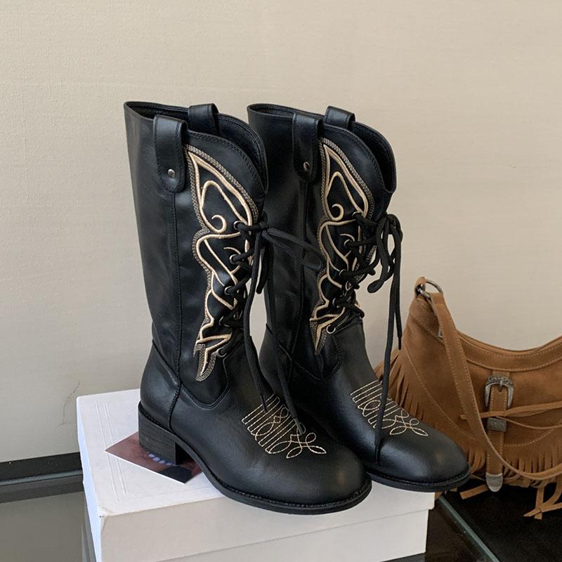Fashion 2025 Autumn Winter New Lace-up Round Head Mid-calf Boots for Women Embroidered Boot Female Female Chunky Heeled Botas Femininas