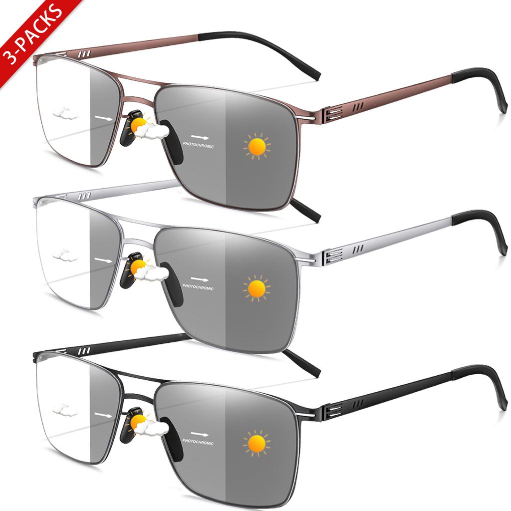 1/3 Pairs Photochromic Anti Blue Light Reading Glasses Metal Frame Rectangular Presbyopic Eyewear for Grandparents