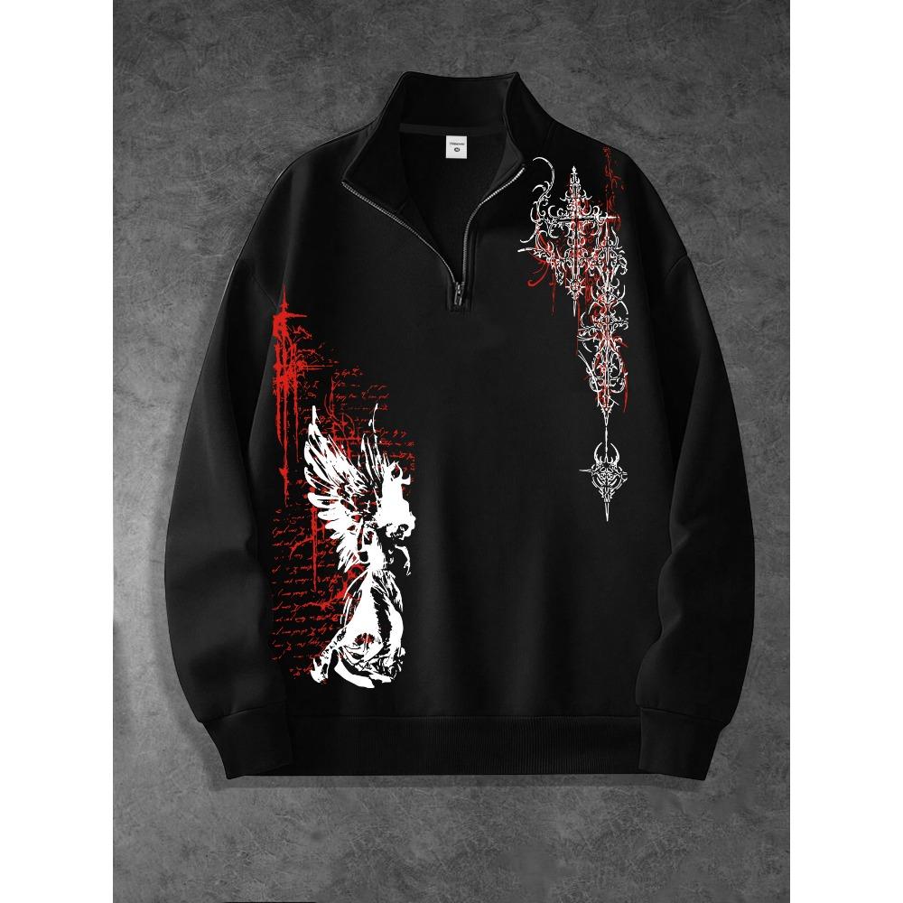 Gothic Printed Zipper Stand Up Collar Shirt, Fashionable Streetwear Zipper Sweatshirt Is an Ideal Choice for Matching Fashionable Clothing