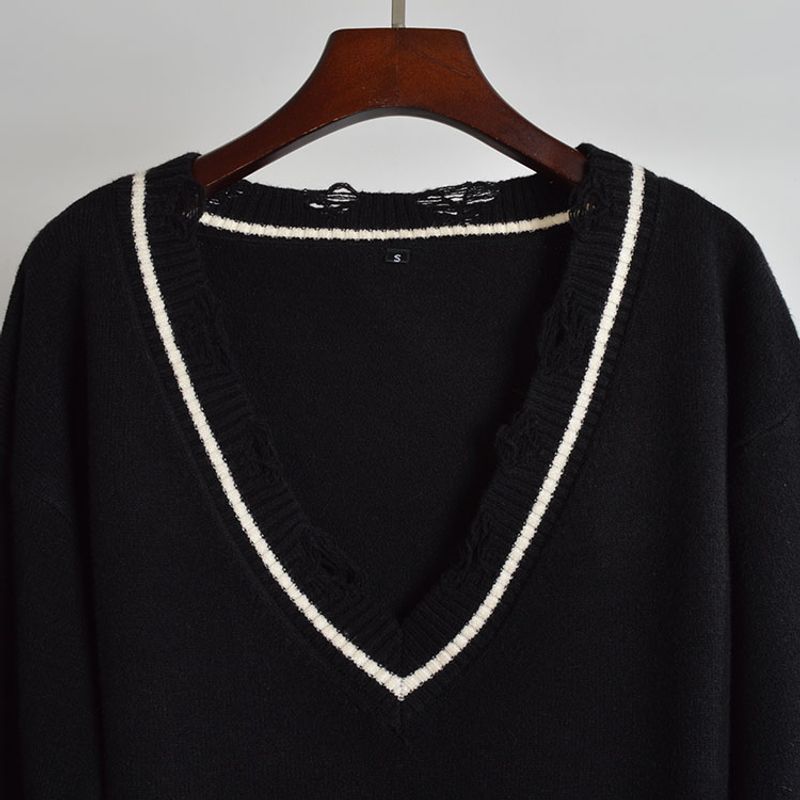 Spring & Fall New V-neck Short Tassel Raw Hem Ripped Long Sleeves Sweater Women's Thin Loose Slimming Sweater Tops