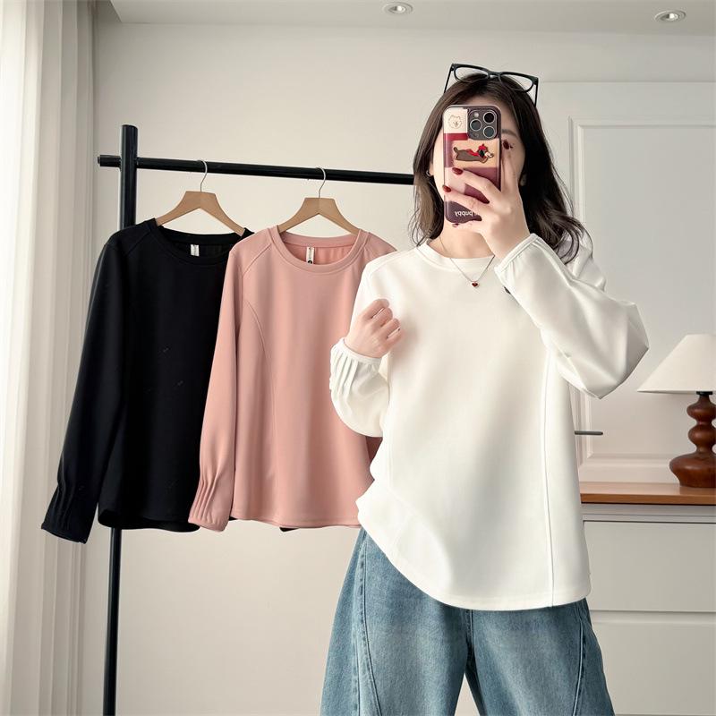 Plus Size Women's Spring Air Cotton Sweatshirt with Pleated Cuffs - Long Sleeve Casual Versatile Top