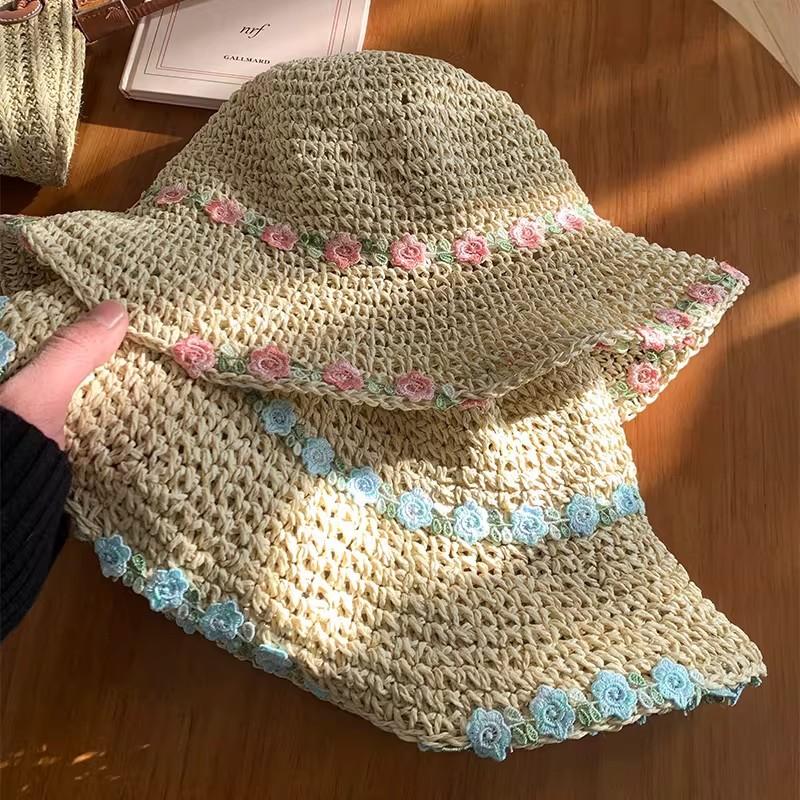 Sweet flower summer straw hat women's seaside beach vacation hollow shading breathable outdoor leisure versatile bucket hat