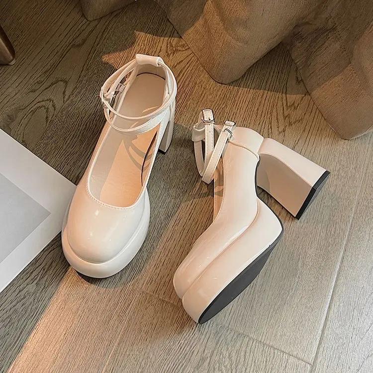 Fashion New High Heels Women's Spring Autumn Pumps Shoes Red Black Retro Thick Soled 2025 Shoes Ankle Buckle 9cm Chunky Heels Women