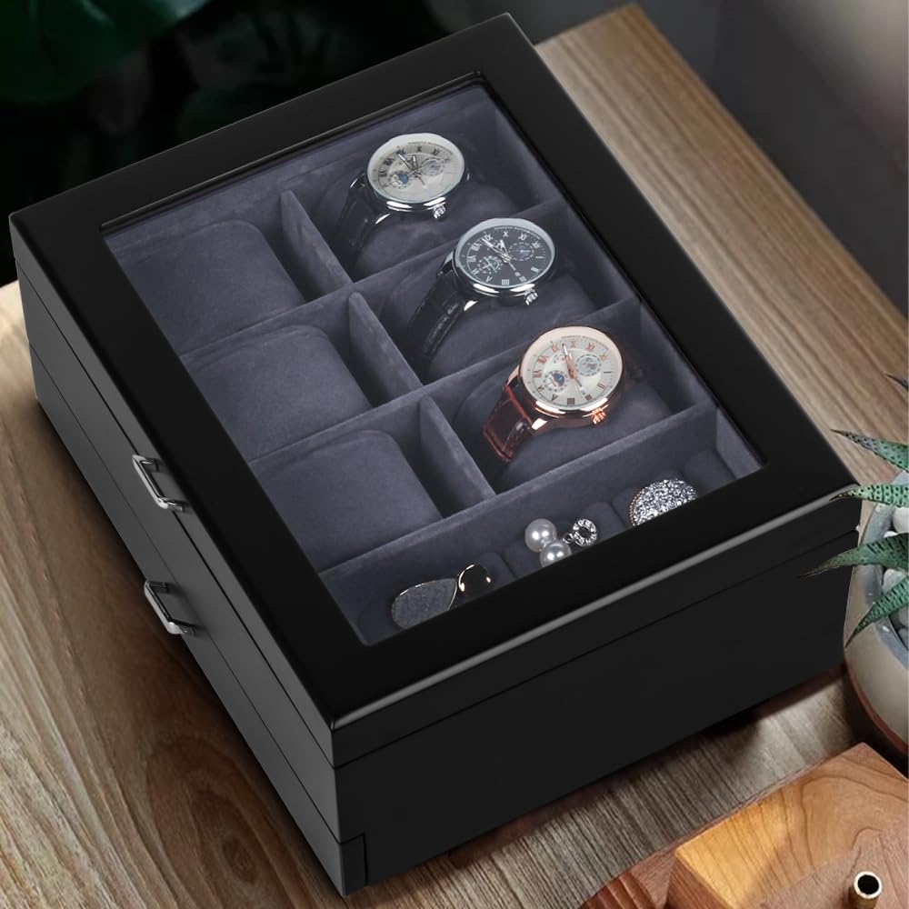 Baskiss Luxury Wooden Watch and Jewelry Storage Holds 6 4 and Collectible 2-Layer Case, Watch, Eyeglasses, Box, Watches, Sunglasses, Accessories,