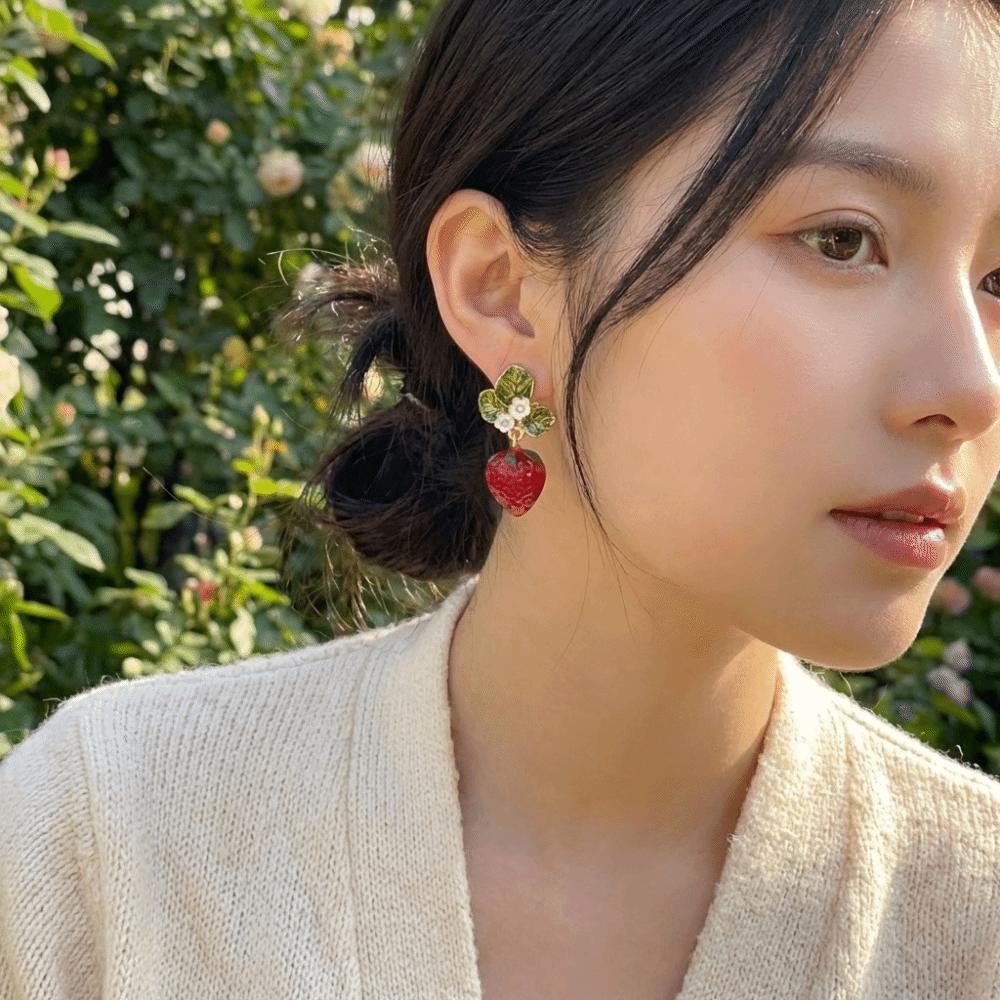 Green Leaves Simulated Fruit Earrings Dainty Flower Drop Earrings Strawberry Drop Earrings Girls