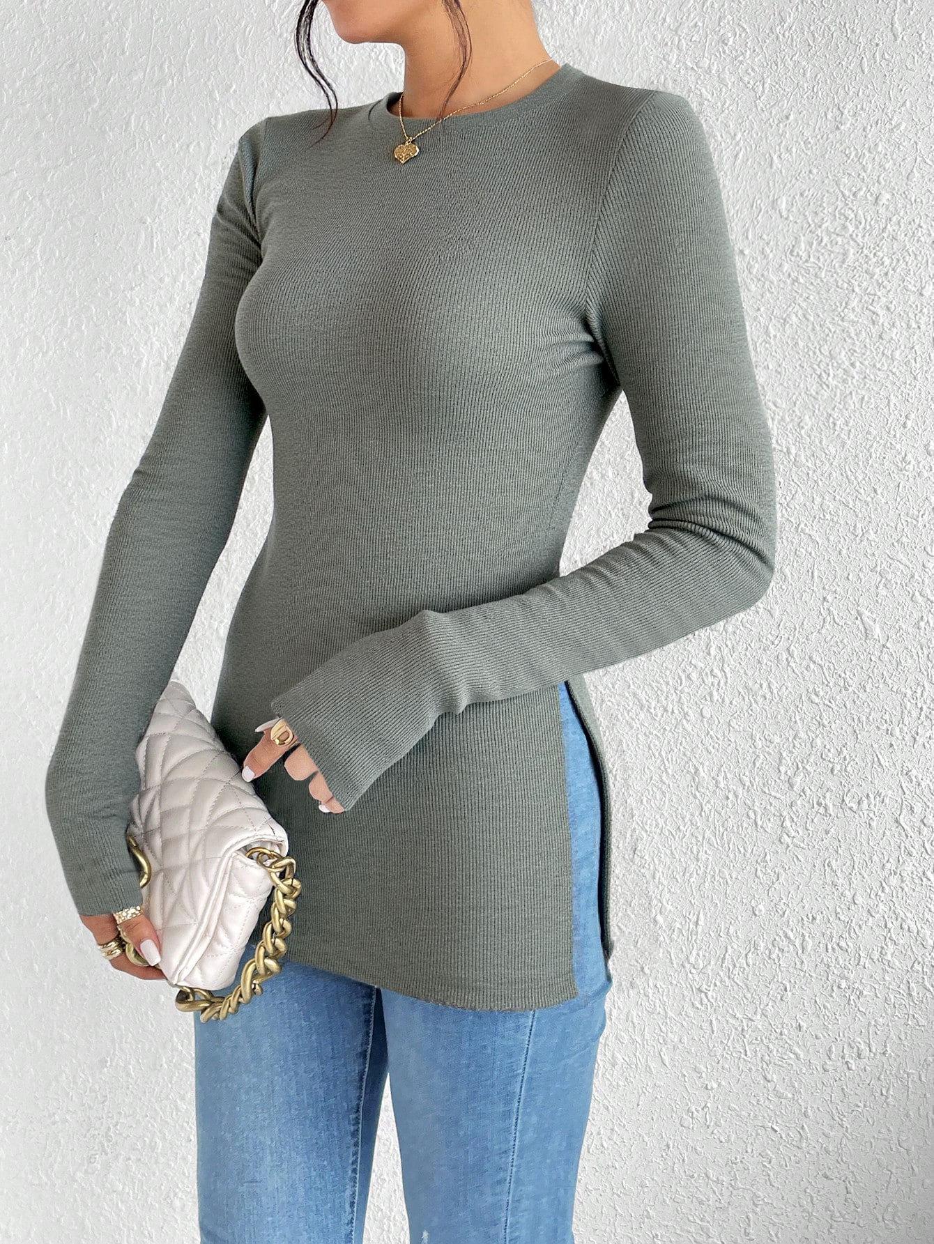 Европейская и американская женская футболка с длинным рукавом, круглым вырезом, приталенная - Коллекция Осень/Зима Medium