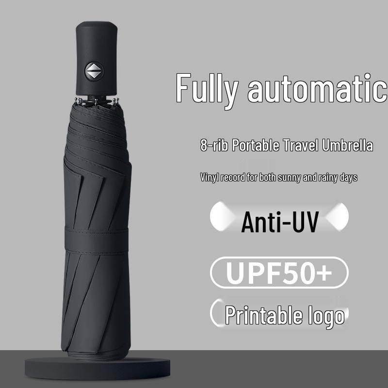 Automatic Dual-Use Folding Sunshade & Rain Umbrella with Black Coating and Custom Logo Printing Capability