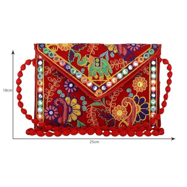 Clutch Bags for Women Jaipuri Rajasthani Handmade Embroidery Mirror Work Stylish Sling Bags for Women Cross Body Bags for Ladies and Girls - 22X16 Cm