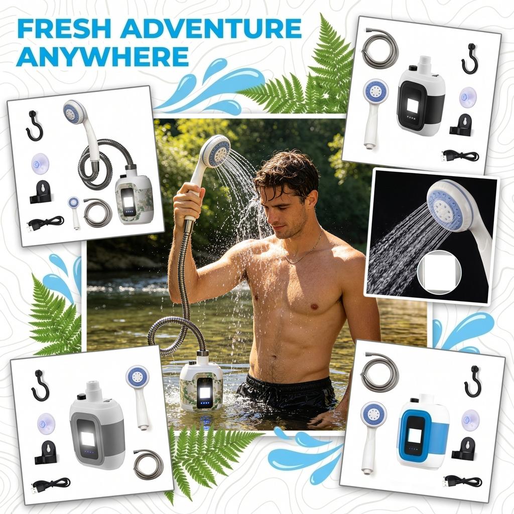 Portable Outdoor Shower with Night Light Battery Powered Camping Showerhead Travel Beach Pool Shower Water Sprayer for Outdoor Use