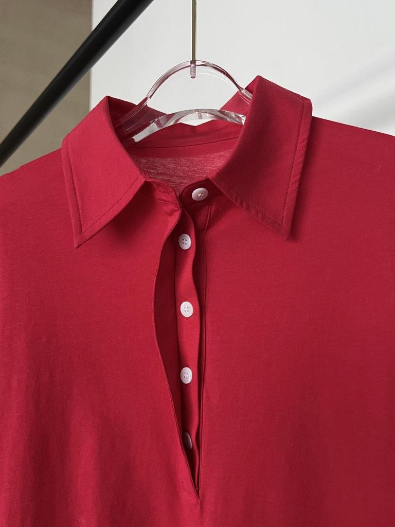 Women's Red Long Sleeve Polo Collar Casual T-Shirt by Nanyou