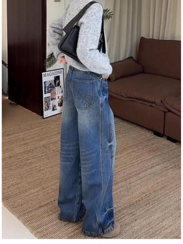 Plus Size Retro Wide-Leg Fleece-Lined Denim Pants for Women - Autumn/Winter