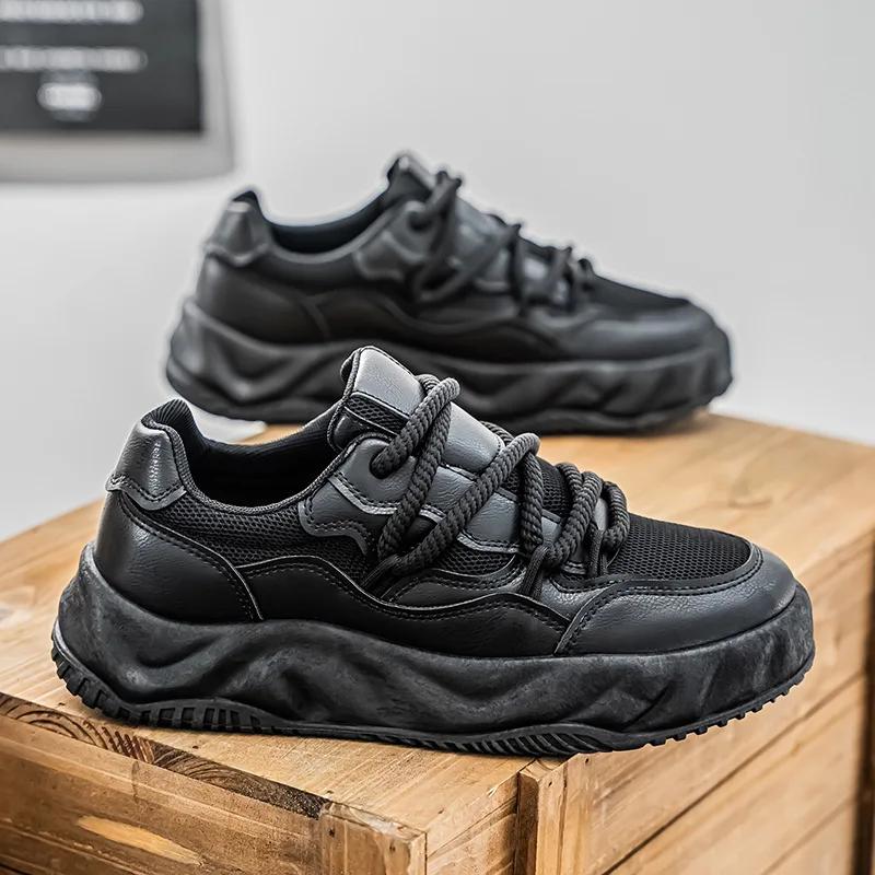 

Кроссовки мужские дизайнерские вулканизированные модные повседневные кожаные сетчатые дышащие туфли на плоской платформе с увеличенной высотой 44 чёрный