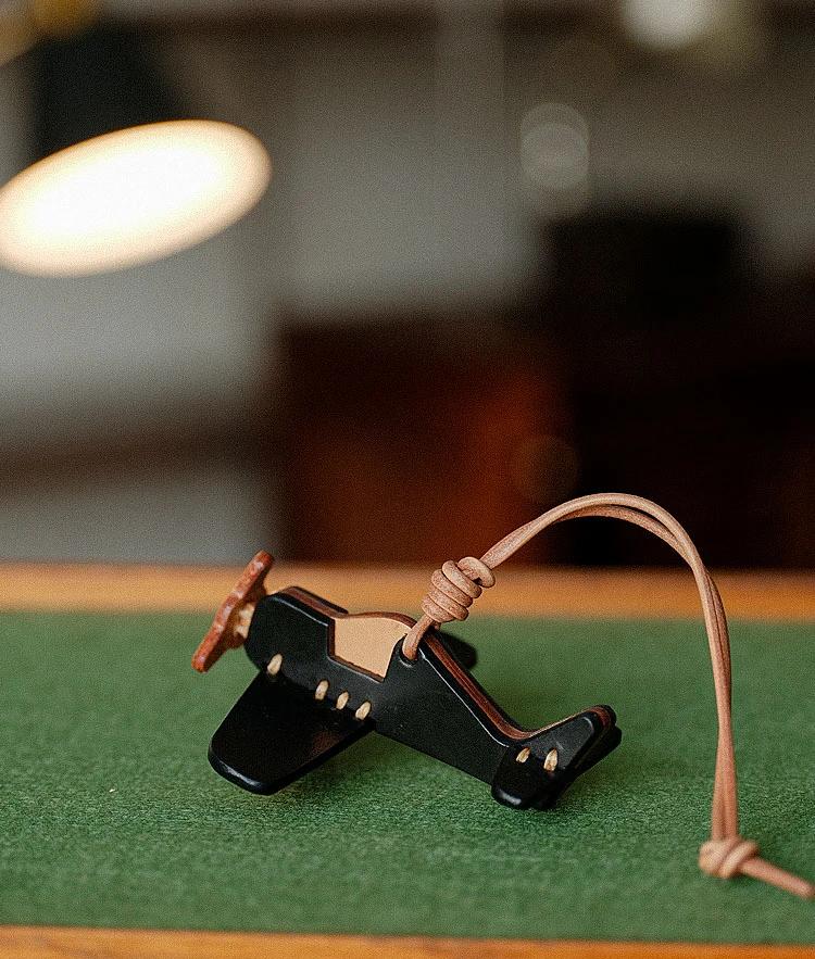 Genuine Top Grain Leather Airplane Keychain -Handcrafted Vintage Bag Charm, Luggage Tag